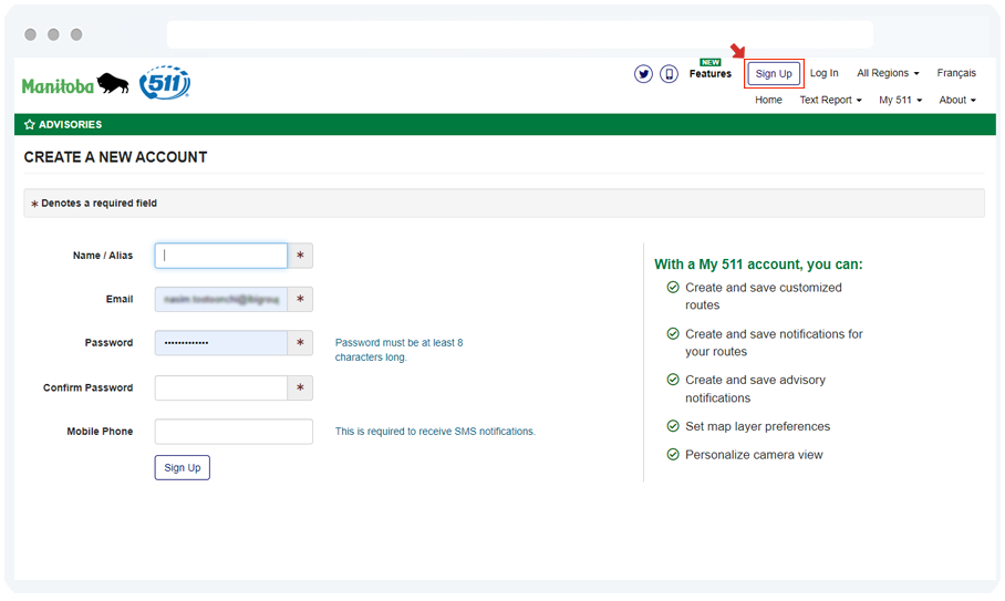 Signing up with Manitoba 511