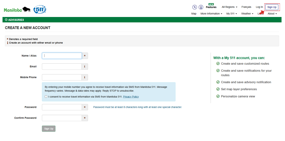 Signing up with Manitoba 511