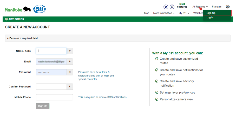 Signing up with Manitoba 511